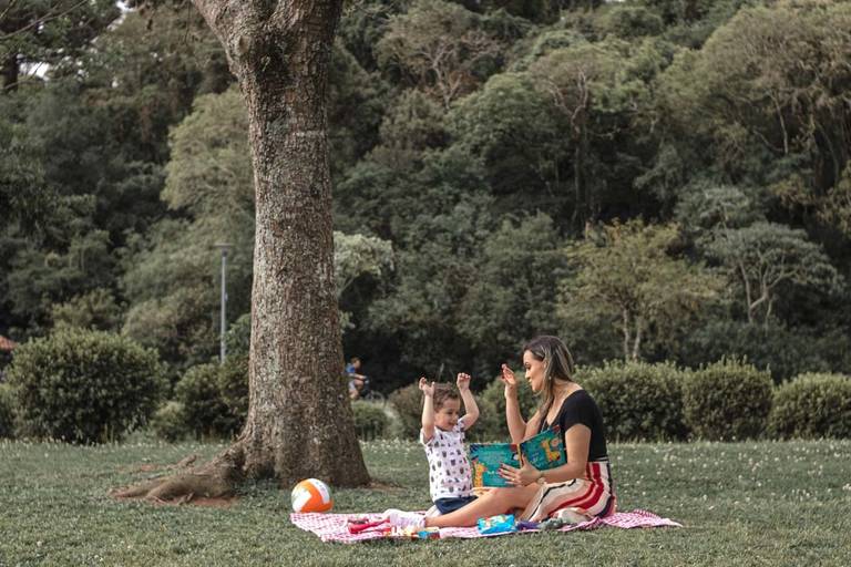 Mãe e filho brincando e contando história no gramado florido no parque Bacacheri em Curitiba
