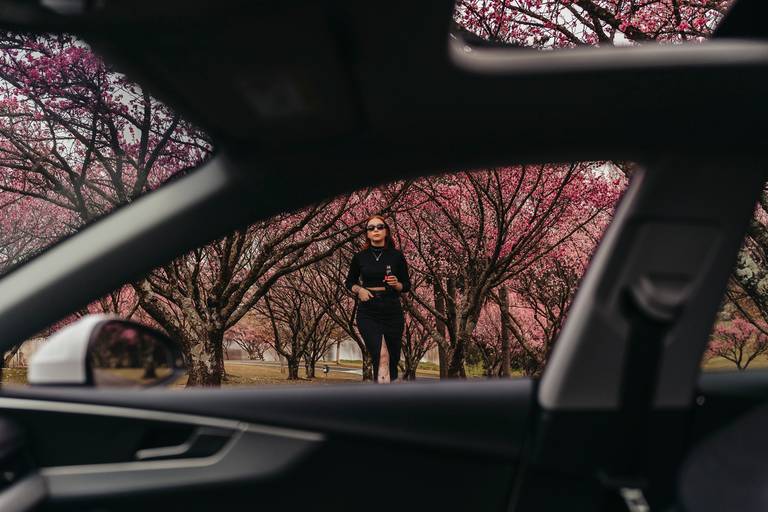 foto urbana feminina nas cerejeiras