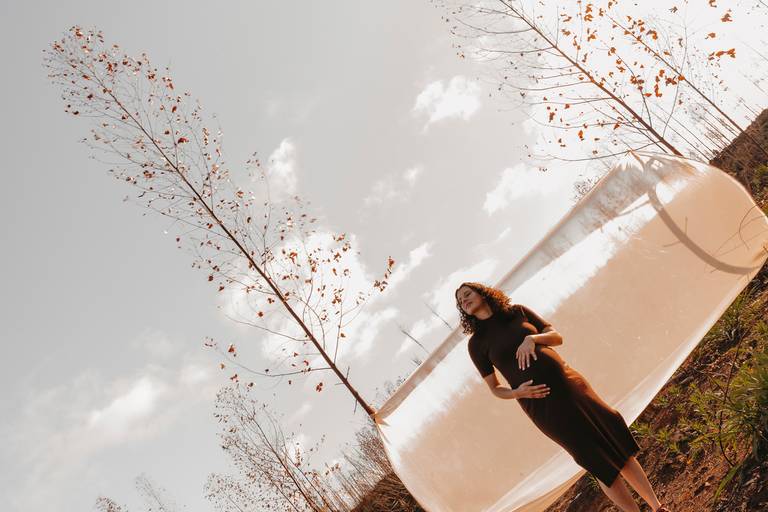 Ensaio gestante no meio da queimada