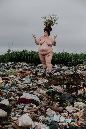 foto na vertical com uma mulher branca, gorda e nua usando uma coroa de flores e galhos em tons de vermelho, verde e marrom, com os dois braços semi levantados em cima de uma montanha de lixo e mato ao fundo