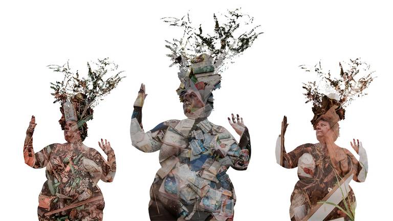 montagem com 3 fotos de uma mulher gorda, branca e nua usando uma coroa de flores e galhos na cabeça. em cada imagem há uma sobreposição de fotos de lixo ocupando o corpo da modelo. na primeira tem garrafas, na segunda livros e na terceira copos.